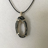 Black, & White Oco Geode Slice, Prong Wire Wrapped Pendent, Black Cord Necklace