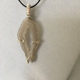White Oco Geode Slice, Prong Wire Wrapped Pendent, Black Cord Necklace