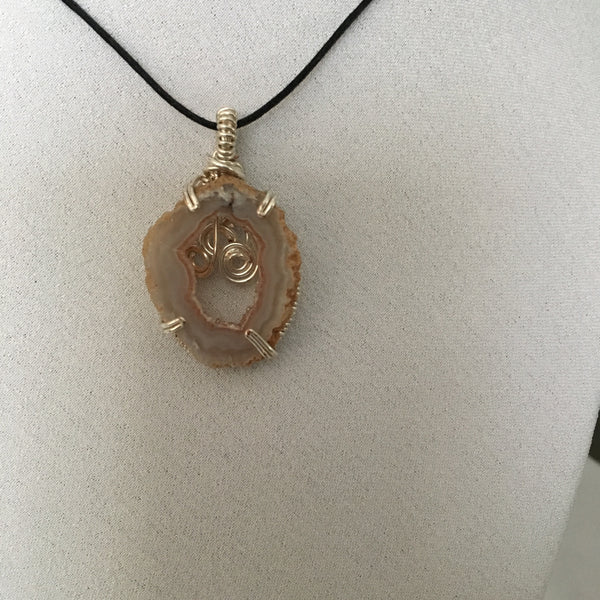Tan, Peach & White Oce Geode Slice, Prong Wire Wrapped Pendent, Black Cord Necklace