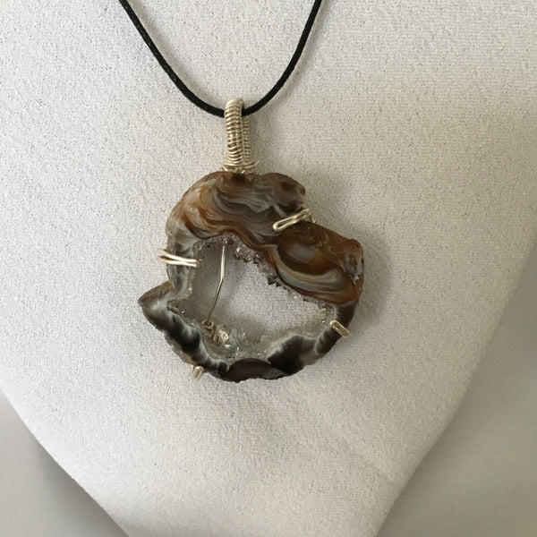 Black, Brown & White Oco Geode Slice, Prong Wire Wrapped Pendent, Black Cord Necklace